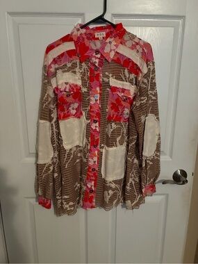 POI Floral Patchwork Button-Up Shirt - Pink, Red & Brown Med New